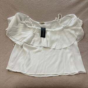 Mofavor White Off-The-Shoulder Ruffle Chiffon Blouse